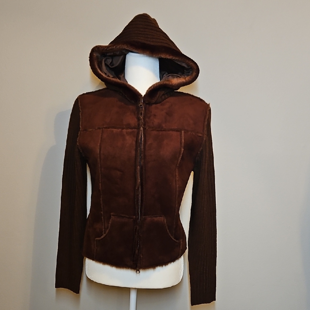 Say What? Chocolate Brown Sweater Style Jacket Faux Suede